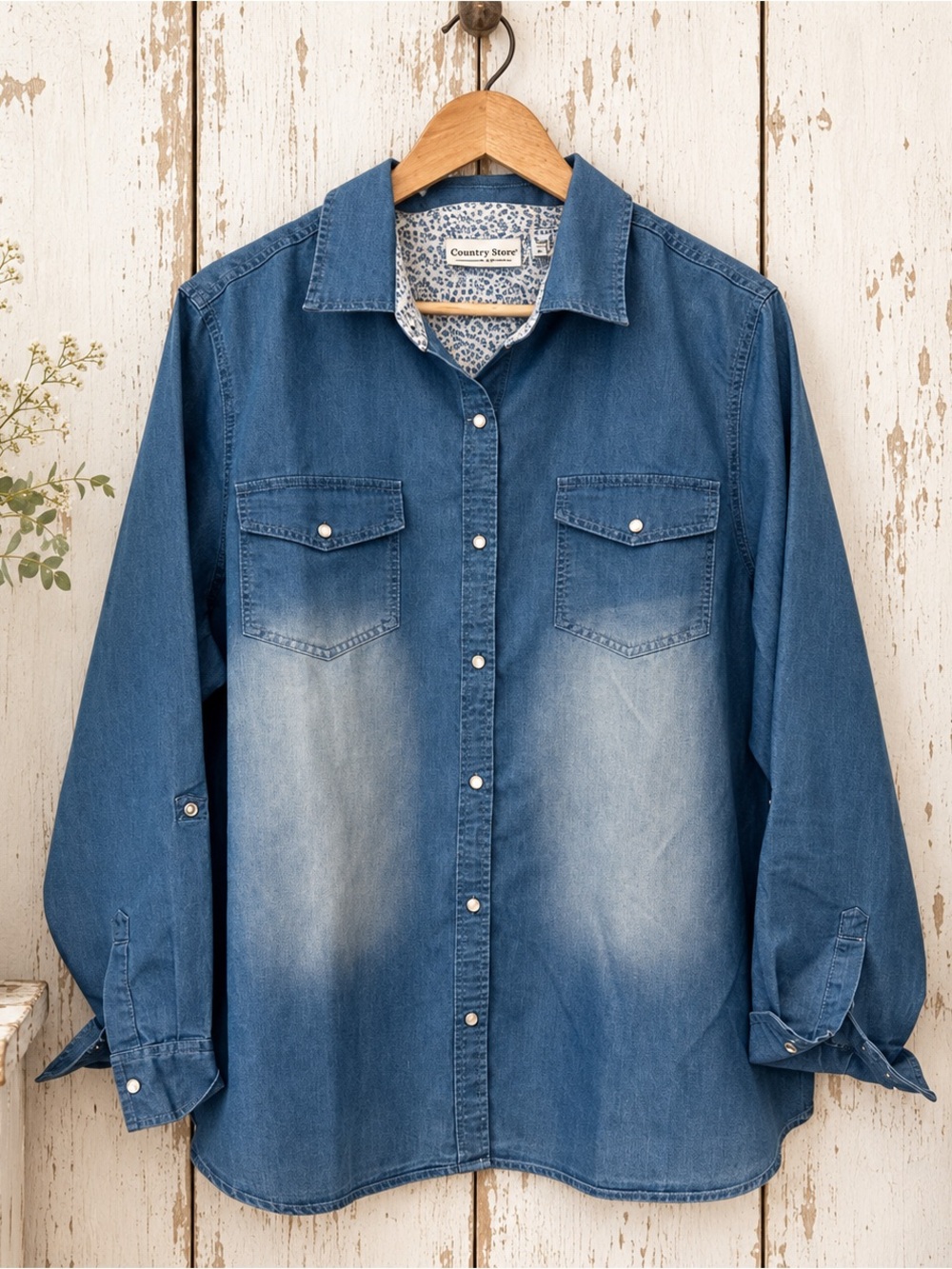 Women's 1X PLUS Cotton Blue Denim Ombre Button-Down Collared Long Sleeve Shirt